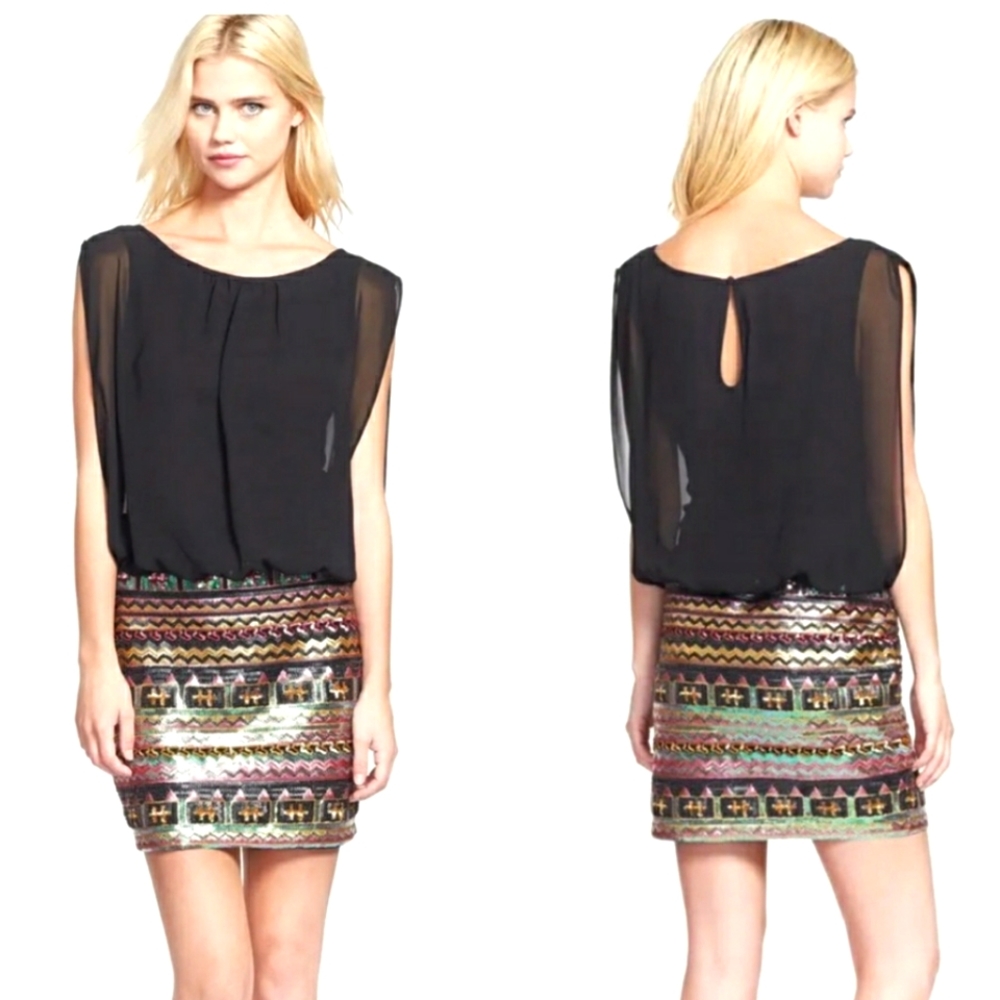 Aiden by Biden Mattox Blk Bodice/Green Gold sequined Skirt Mini Dress